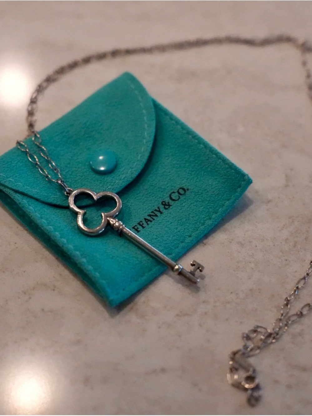 Tiffany & Co. Silver Trefoil Key Necklace with Original Chain and Pouch
